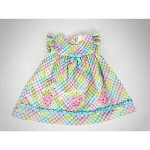 Bonnie Jean Strawberry Seersucker Spring Dress Sz 4 Ruffles Gingham Embroidery